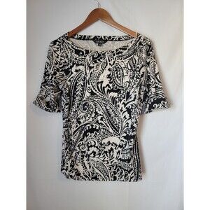 Lauren Ralph Lauren Women's Black White Paisley Knit Top Blouse Size Large L
